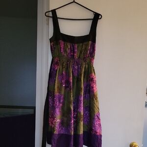 Elegant Floral Midi Dress in Purple and Green